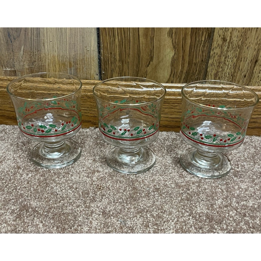 Vintage 1980s Set 3 ARBY'S‎ Libbey's HOLLY & BERRY Sherbet Dessert Glasses